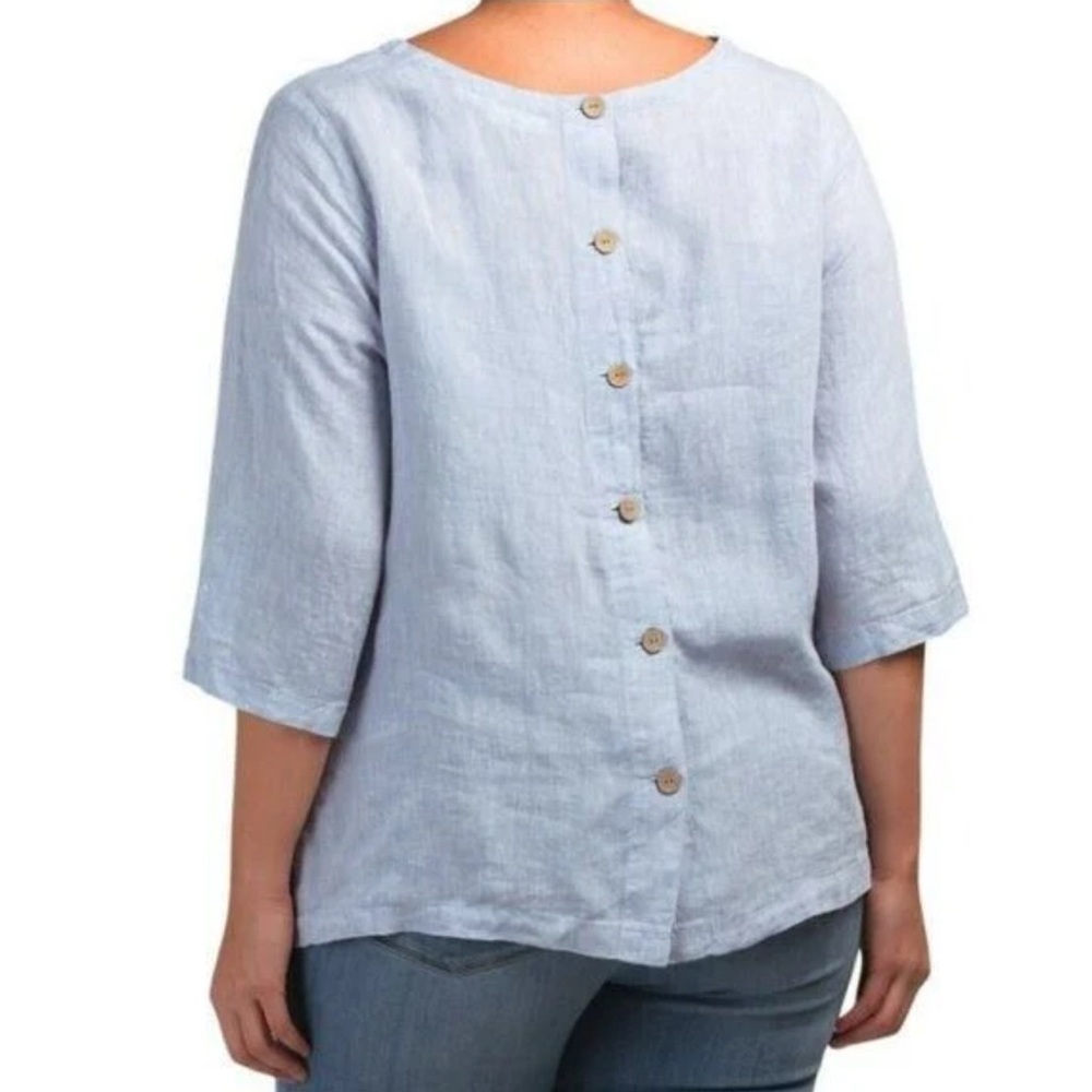 Nicole Miller Plus Linen 3/4 Sleeve Button Back Shirt Blue Size 1X